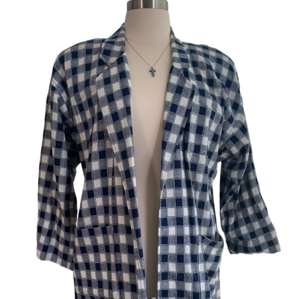 Checked blue and white tunic length open jacket. Vintage 1980's.